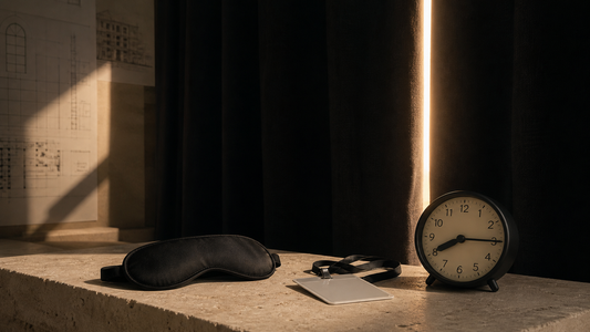 A sleep mask, work badge, and 8:15 clock sit before blackout curtains as one seam of morning light enters.